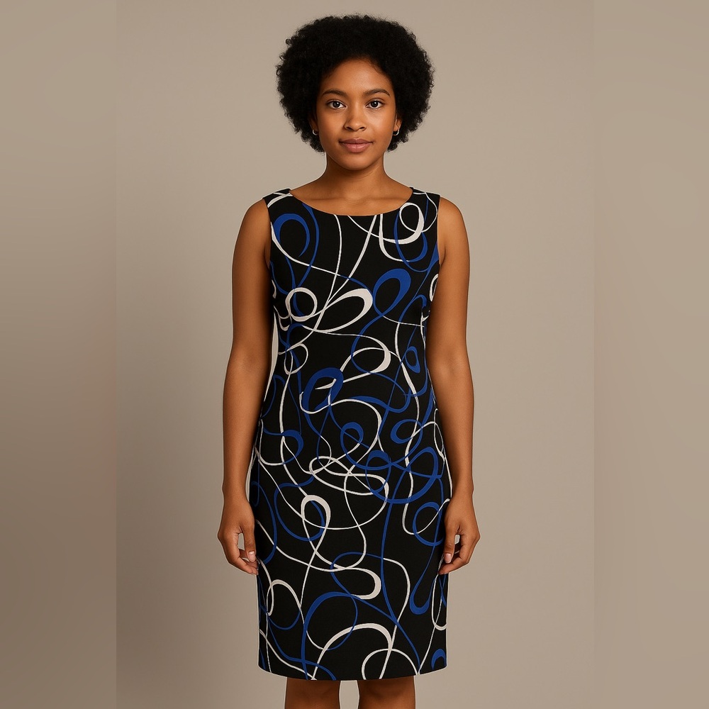 Dressbarn Dress Women's Size 10 Black Abstract Swirl Print Sleeveless Sheath